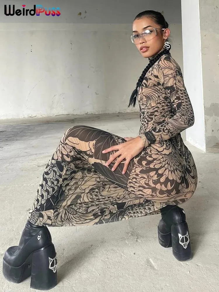 Weird Puss Mesh Print Frauen Maxi Kleid Rollkragen Volle Hülse Bodycon Herbst Trendy Hipster High Street Party Y2K Attirewear — image 2