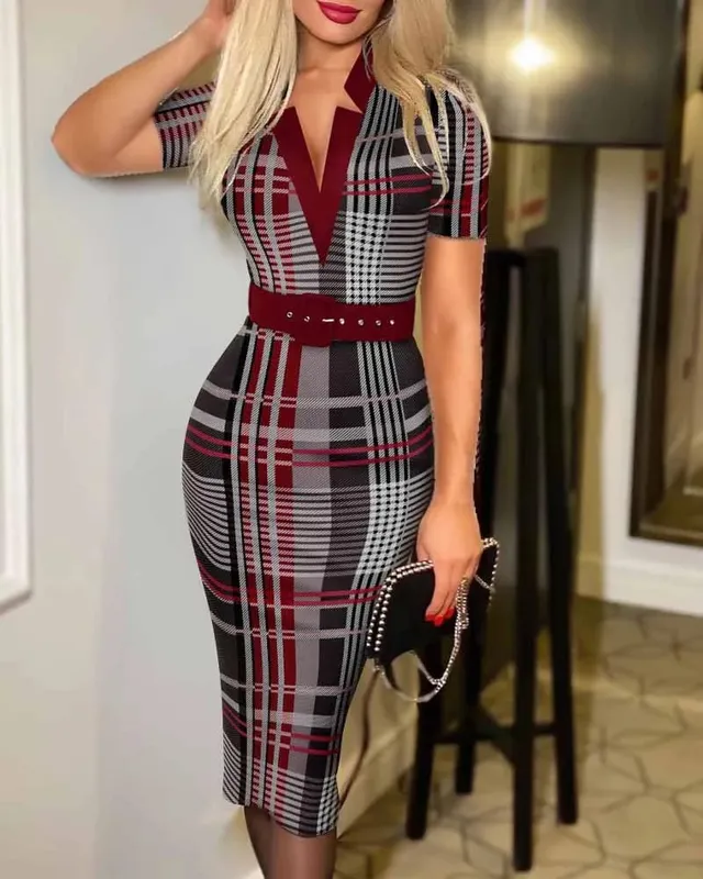Women's Sexy Geometric Pattern V-Neck Midi Pencil Dress with Belt Long Sleeve Knit Bodycon Dress Suitable for All Seasons
