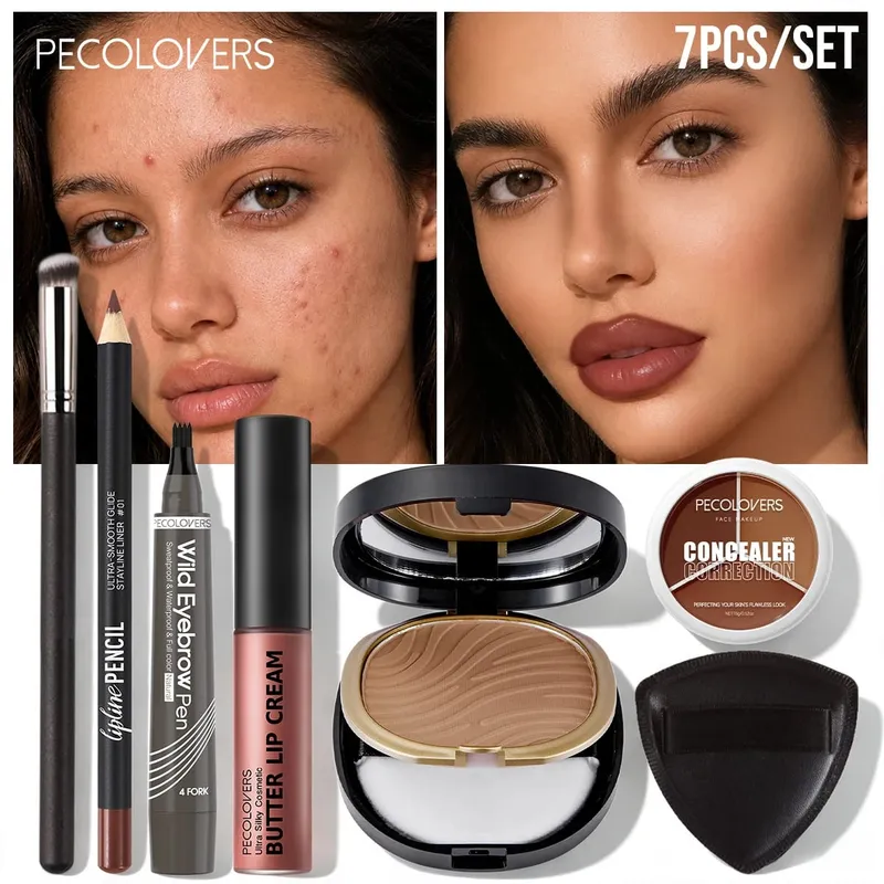 7PCS Face Makeup Set Long‑Lasting Concealer Contour Powder Lip Cream Waterproof Eyebrow Pen With Makeup Brush — image 3