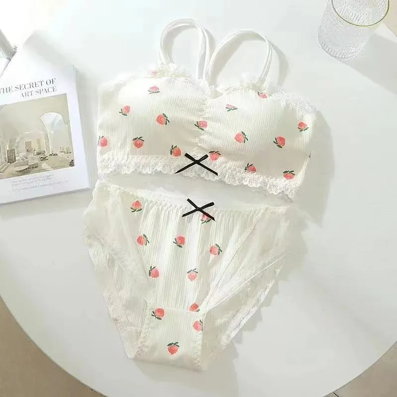 새로운 란제리 학생 귀여운 소녀 속옷 과일 인쇄 다시 패드 브라 세트 스틸 링 브라 팬티 — image 2
