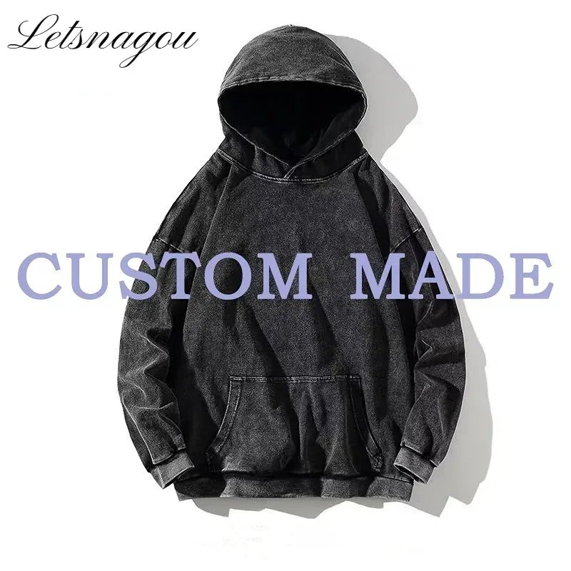 HAI Customizable Retro Washed Hoodies 100% Cotton Tops Black Acid Vintage Hooded Sweatshirts Oversize Hip Hop Male Pullover — image 5