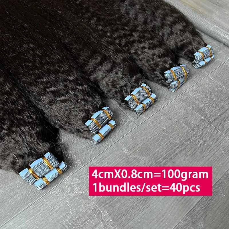 Kinky ตรงเทปที่มองไม่เห็นในส่วนขยายของผม 100% ดิบ Virgin Human Hair กาวไม่มีรอยต่อ PU ผิว Weft Full Head 40 pcs — image 4