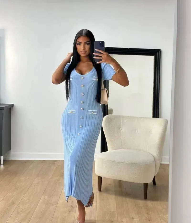 Elegant Knitted Maxi Dresses Bodycon Short Sleeve Ruffles Single Breasted 2025 New Dress Casual Communte Streetwear Vestidos — image 3