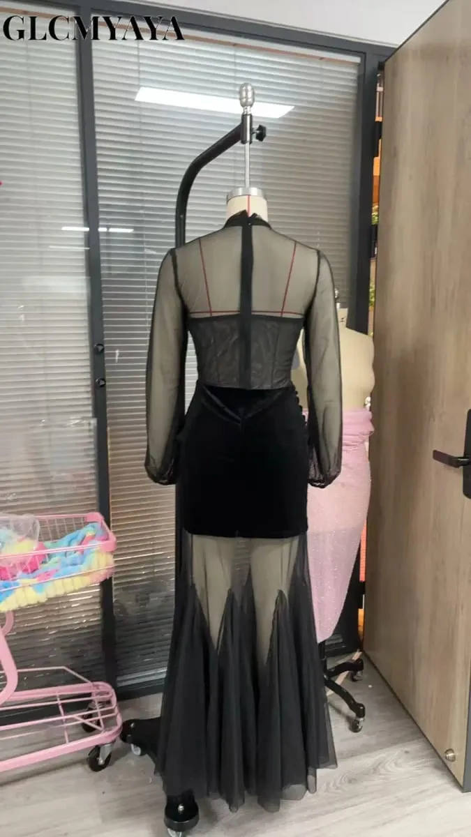 Mesh See Through Women Full Sleeve Velvet Bodycon Long Dress 2025 Fall Birthday Party Evening Prom Maxi Mermaid Dresses — image 7