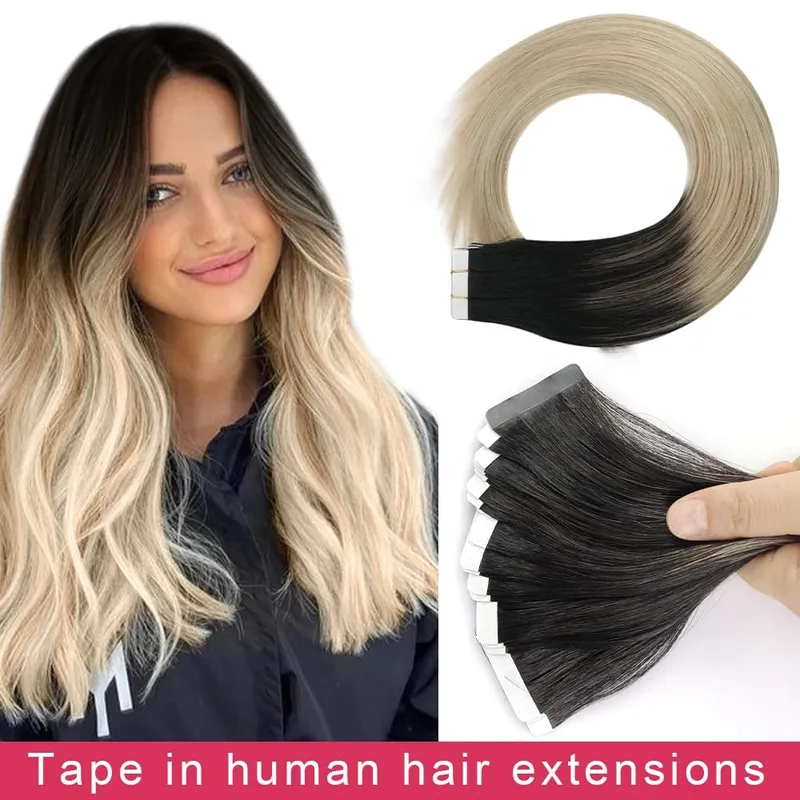 Moresoo Human Hair Extensions Tape in Invisible Balayage Hair Extensions 50G Machine Remy Straight Tape in Natural Straight Hair