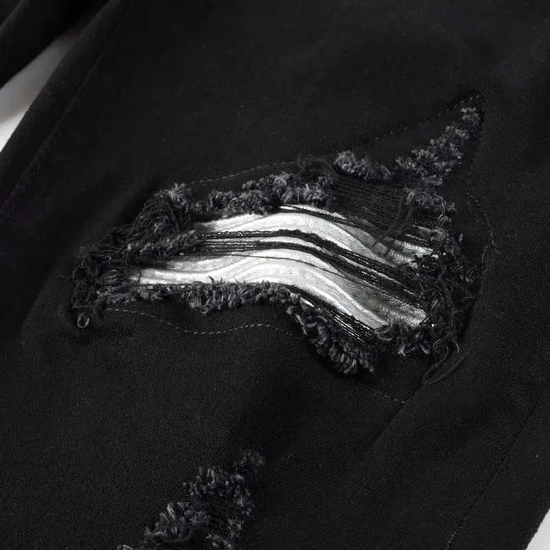 Men Cracked Silver Leather Patch Biker Jeans Streetwear Skinny Tapered Stretch Denim Pants Holes Ripped Patchwork Black Trousers — image 6