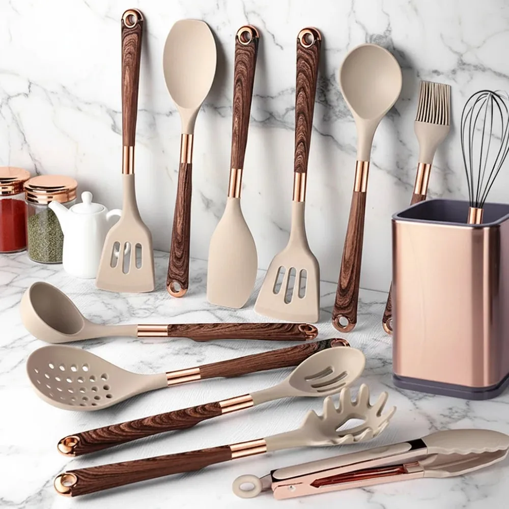 Silicone Cooking Utensils Set Non-Scratch Non-Stick Heat Resistant Spatula Spoon Rose Gold Handle With Bucket Kitchen Gift — image 1