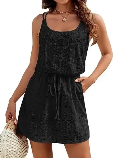 Women Dresses Summer Casual Cross Back Hollow Out Solid Color Swim Cover Up Belt Thin Straps Female Sleeveless Vest Midi Dress