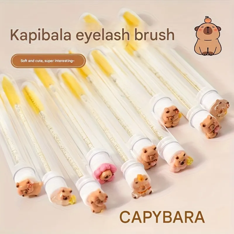 10pcs per pack Eyelash Extension Brushes -Cute Kapibara Design Oval Shape-Reusable Nylon Bristle Heads with ABS Plastic Handles