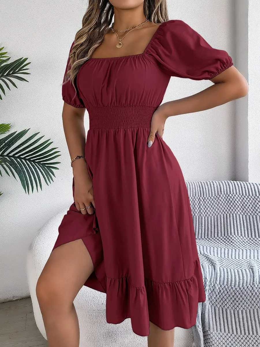 Spring Summer Elegant High Waisted Dress Square Neck Short Sleeved Ruffled Edge Long Dresses 2026 Valentine's Day Woman Clothing — image 4