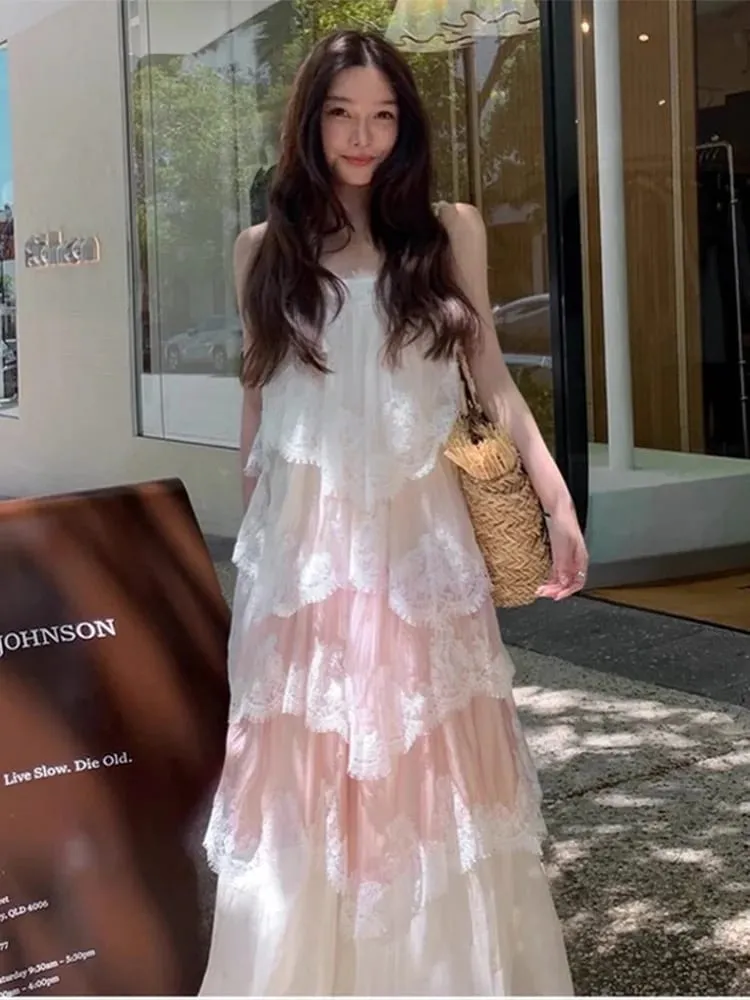 여자 레이스 밑단 Draped 맥시 드레스 달콤한 민소매 백 레이스 프릴 밑단 드레스 2026 여름 캐주얼 휴가 streetwear 레이디 드레스 — image 5