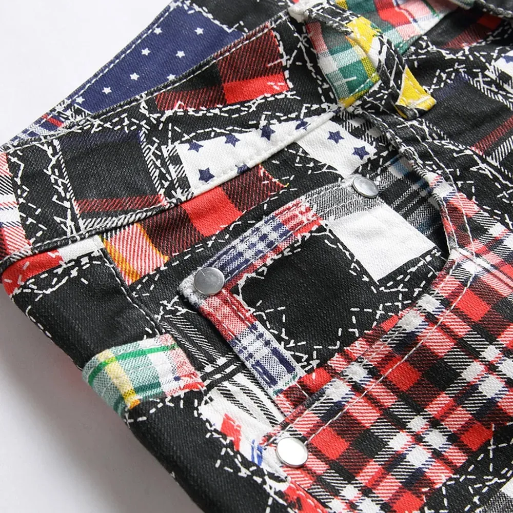 Men Plaid Digital Print Jeans Fashion Patches Patchwork Stretch Denim Pants Slim Straight Trousers — image 3