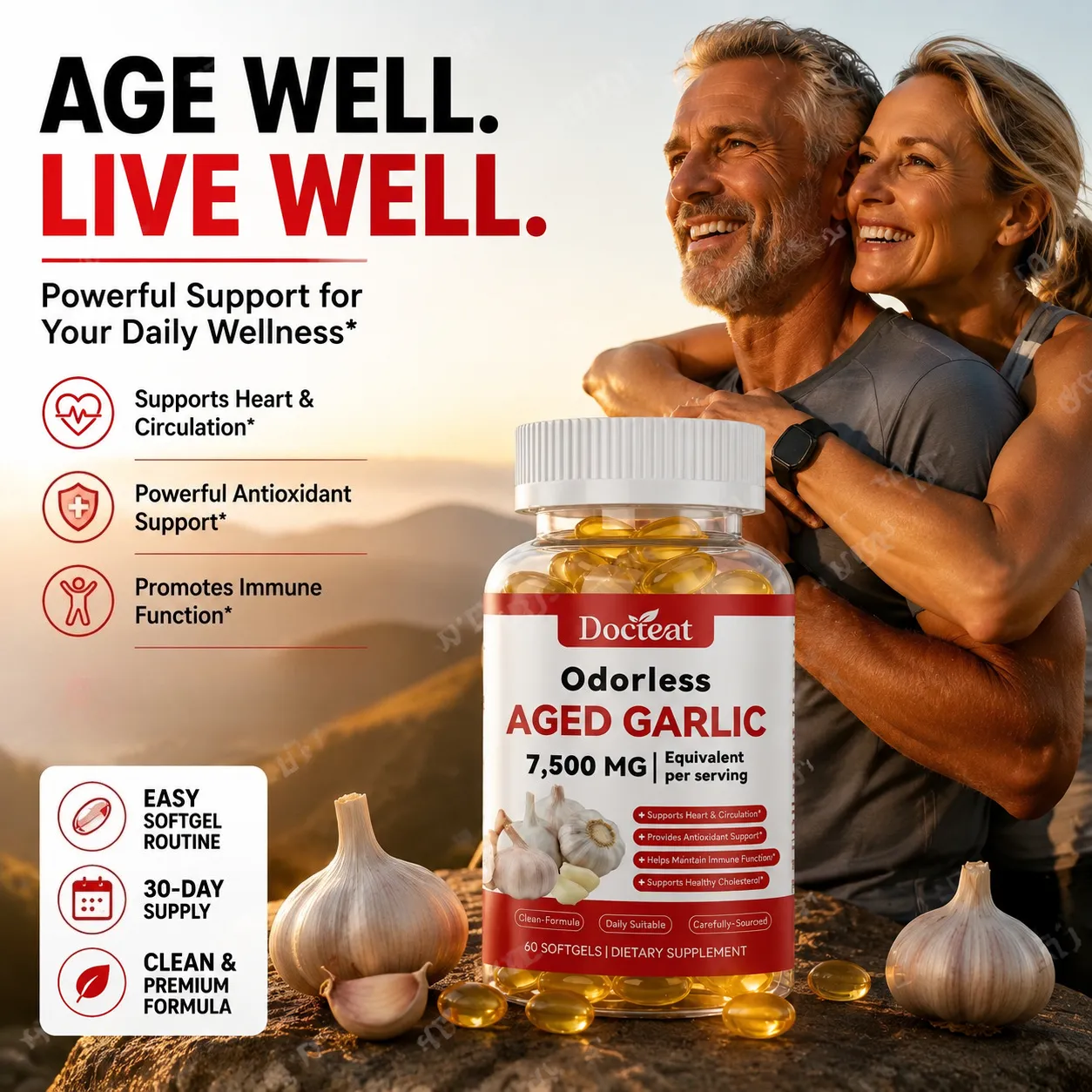 Geurloos verouderd knoflookextract 7500 mg equivalent 60 softgels - Immuunondersteuning Hartgezondheid Antioxidantsupplement voor volwassenen — image 1