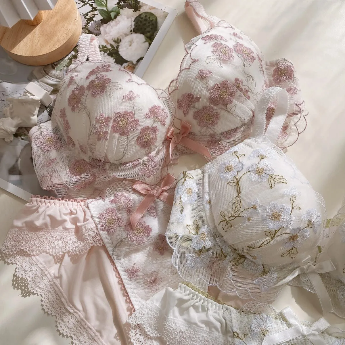 Fairy thin section lingerie women large size embroidery lace bra set low chicken heart gathered ladies underwear bra — image 7
