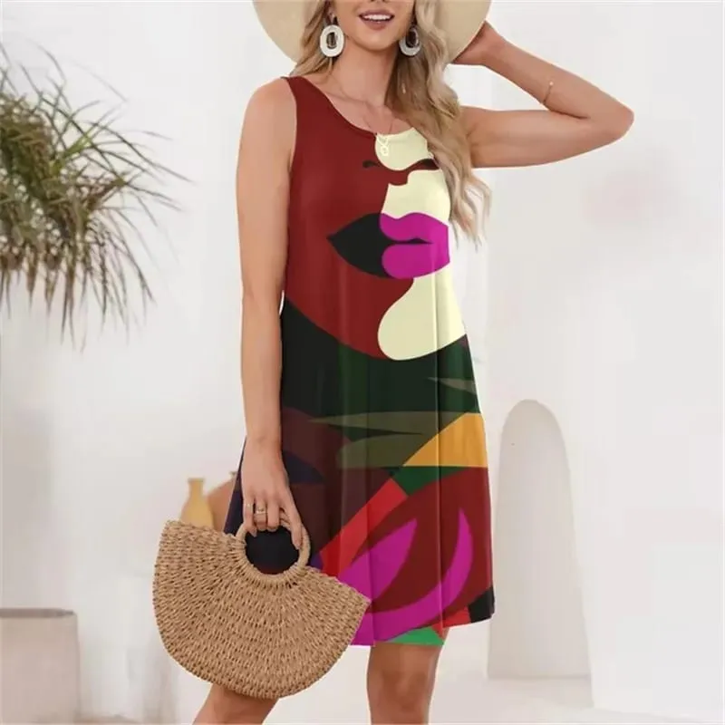 Face Pattern Women Fashion Mini Dresses Summer Sleeveless 3D Printing Street Ladies Dress 3XL Plus Size Casual Dress — image 4