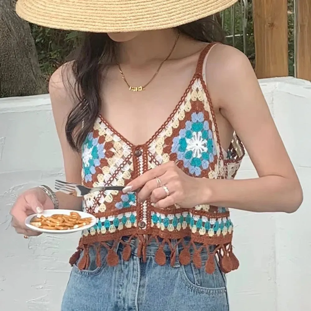 Colorful Patched Crochet Knit Cami Top Fringed Strap Crop Tank Top for Women Teengirl Summer Boho Vacation Beach Wear — image 1