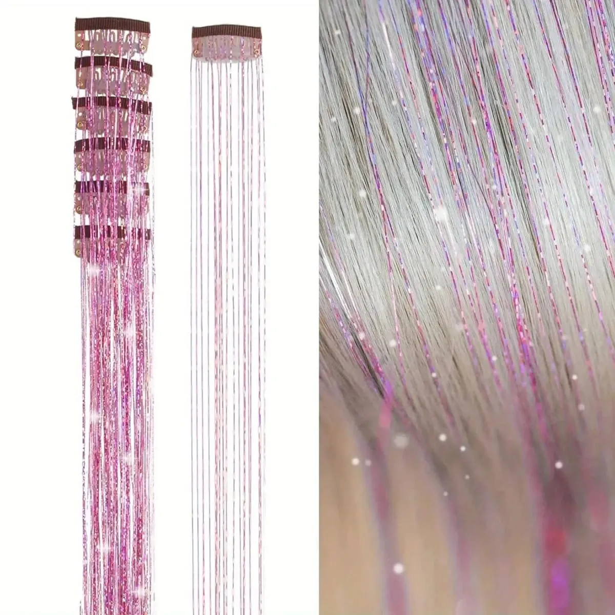 Color bright silk clip seamless hair extensions glitter gold silk dazzling laser wire color strips synthetic wigs — image 10