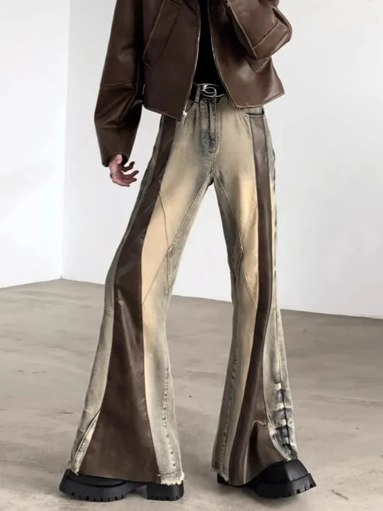 Trashy Y2K 2000S Pu Leather Patchwork Slim Flare Jeans Pants For Men 90S Vintage Clothes Colorblock Denim Trousers Moda Hombre