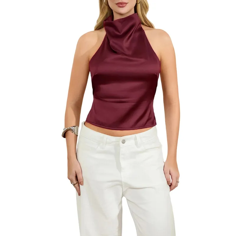 Open Back Halter Tops for Women Vintage Aesthetic Bow Tie Back Ruched Ruffle Crop Tops Smocked Y2K Going Out Tanks Camisoles — image 12