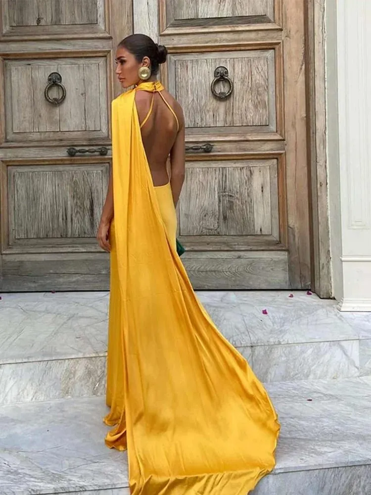 Ribbon Hanging Neck Long Dresses Slanted Shoulder Lace Up Backless Silky Satin Temperament Slim Fit Halter Woman Fishtail Dress — image 6