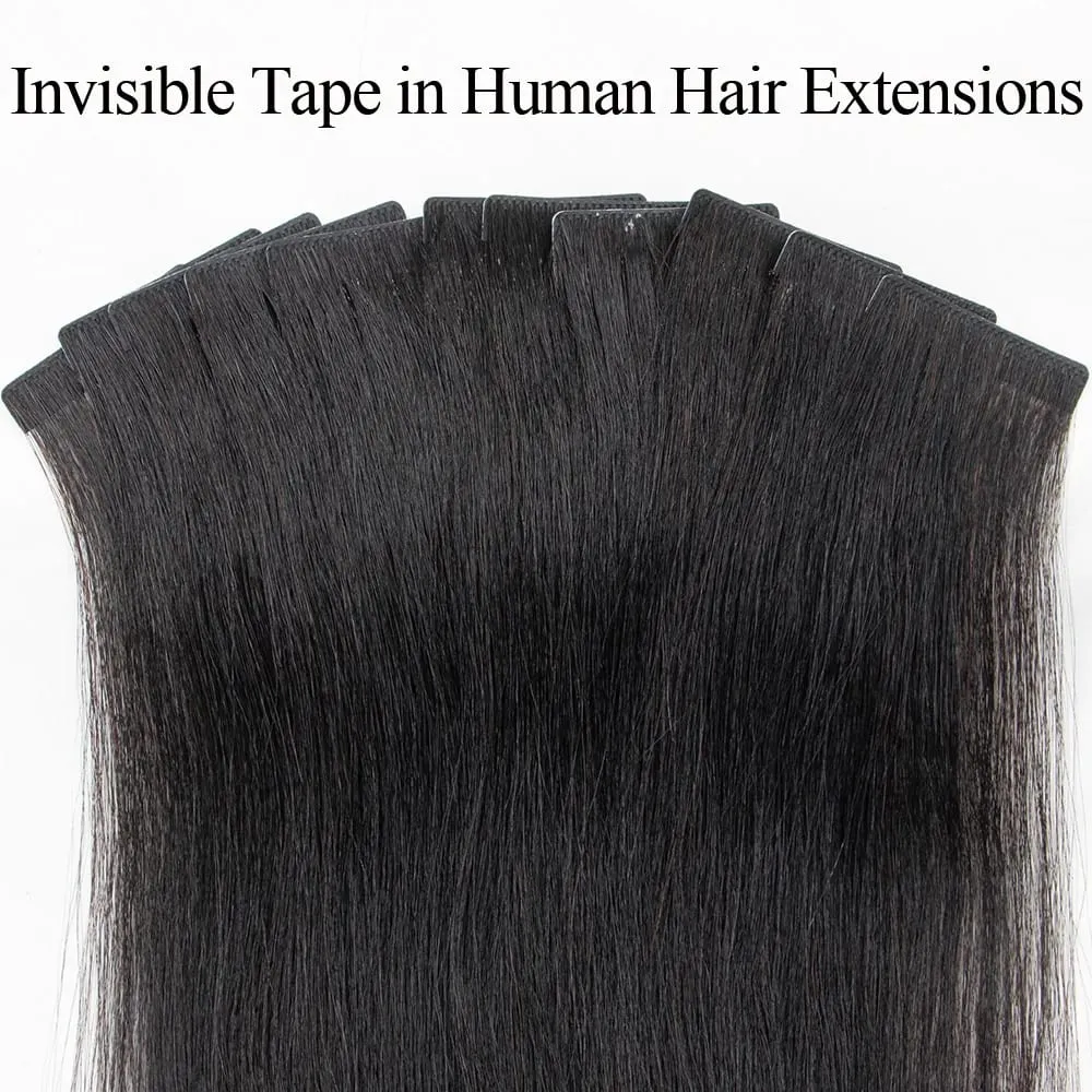 Light Yaki Straight Invisible Tape In Human Hair Extensions 12-20" PU Skin Weft Natural Black 100% Remy Hair Adhesive 20pcs/pack — image 2