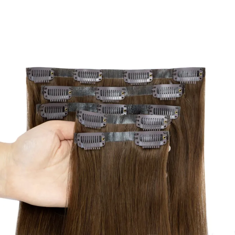 Bezešvé PU prodlužování vlasů Clip In Skutečné přírodní Neviditelné PU pásky Útkové Clip Ins Stroj Remy 12-24inch Invisible Clip Ins 7PCS