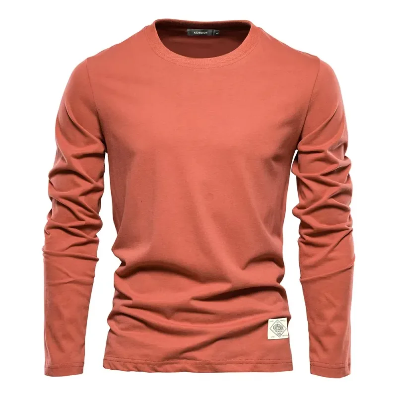 2026New สีทึบผ้าฝ้ายเสื้อคอกลมแขนสั้นผู้ชายลำลองแขนยาวเสื้อสวมหัวหลวมด้านบน