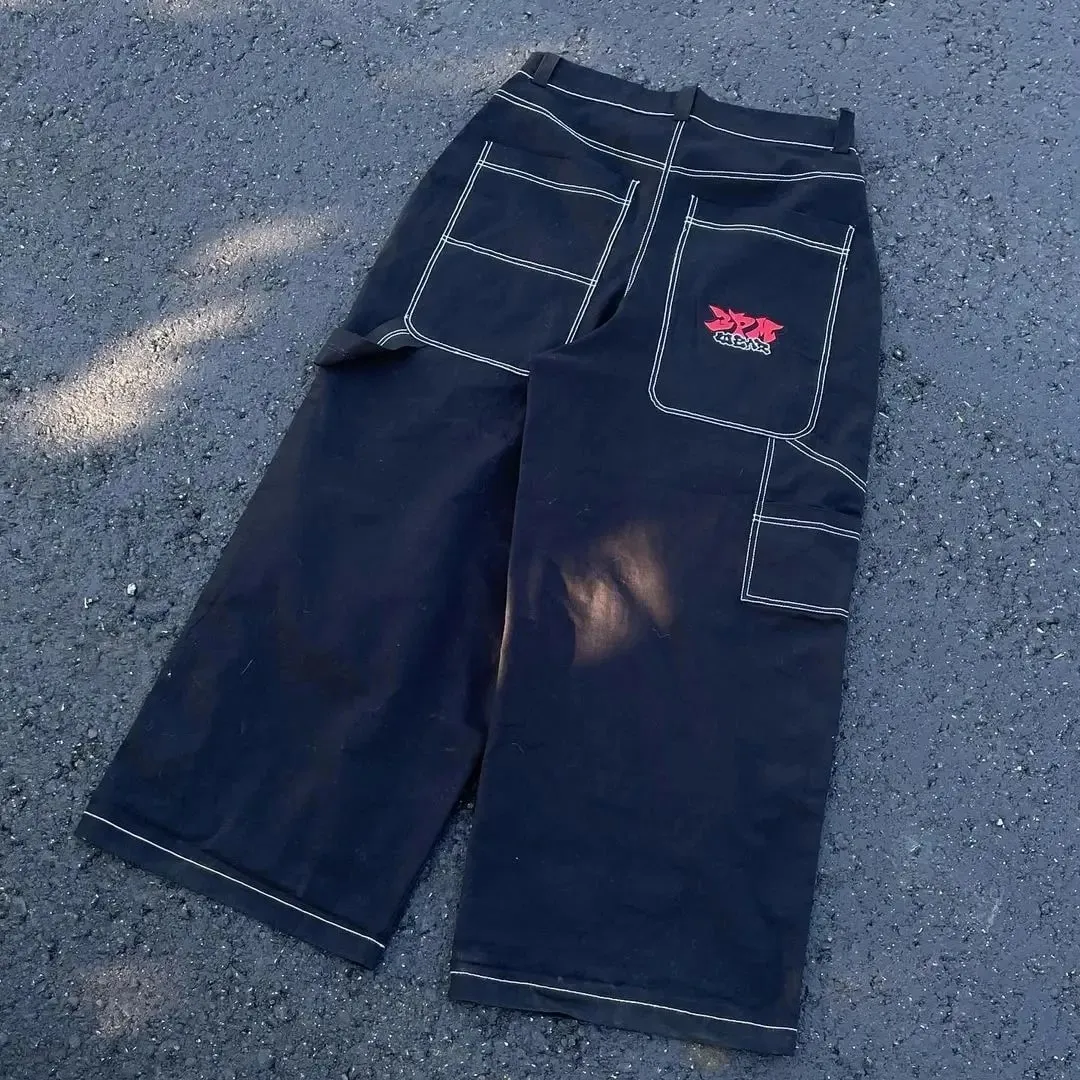 Gothic Retro American Y2K Cross Embroidery Patchwork Baggy Jeans Men Streetwear Casual Straight Wide-leg Pants Couple Jeans — image 10