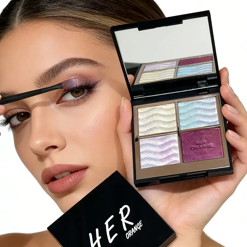 Herorange 4 Color Eyeshadow Palette with Brush Iridescent Glitter Shimmer Multi-Use as Highlight & Blush for Daily Party & Gift — image 1