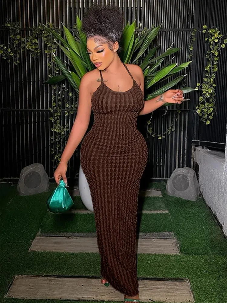 Kliou Solid Ruched Spaghetti Strap Bandage Maxi Dress Women Casual Sleeveless Backless Bodycon Ladies Party Streetwear Dresses — image 6