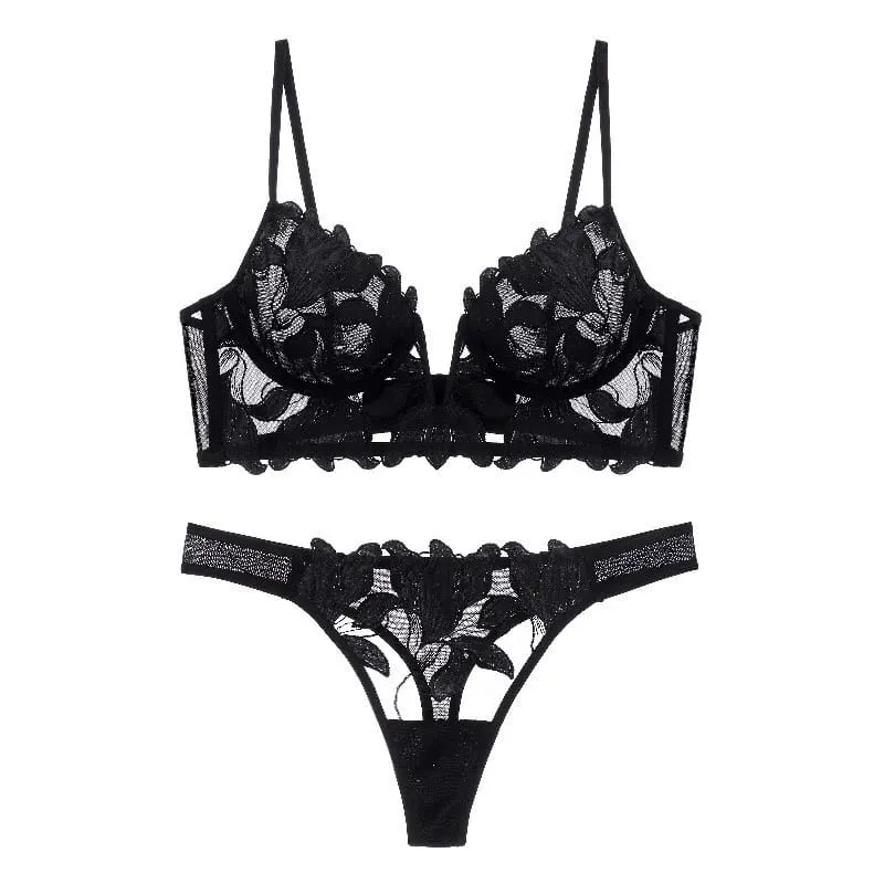 Feminino vermelho floral renda lingerie conjunto puro underwire copo fino sutiã combinando tanga calcinha sexy oco íntimos — image 1