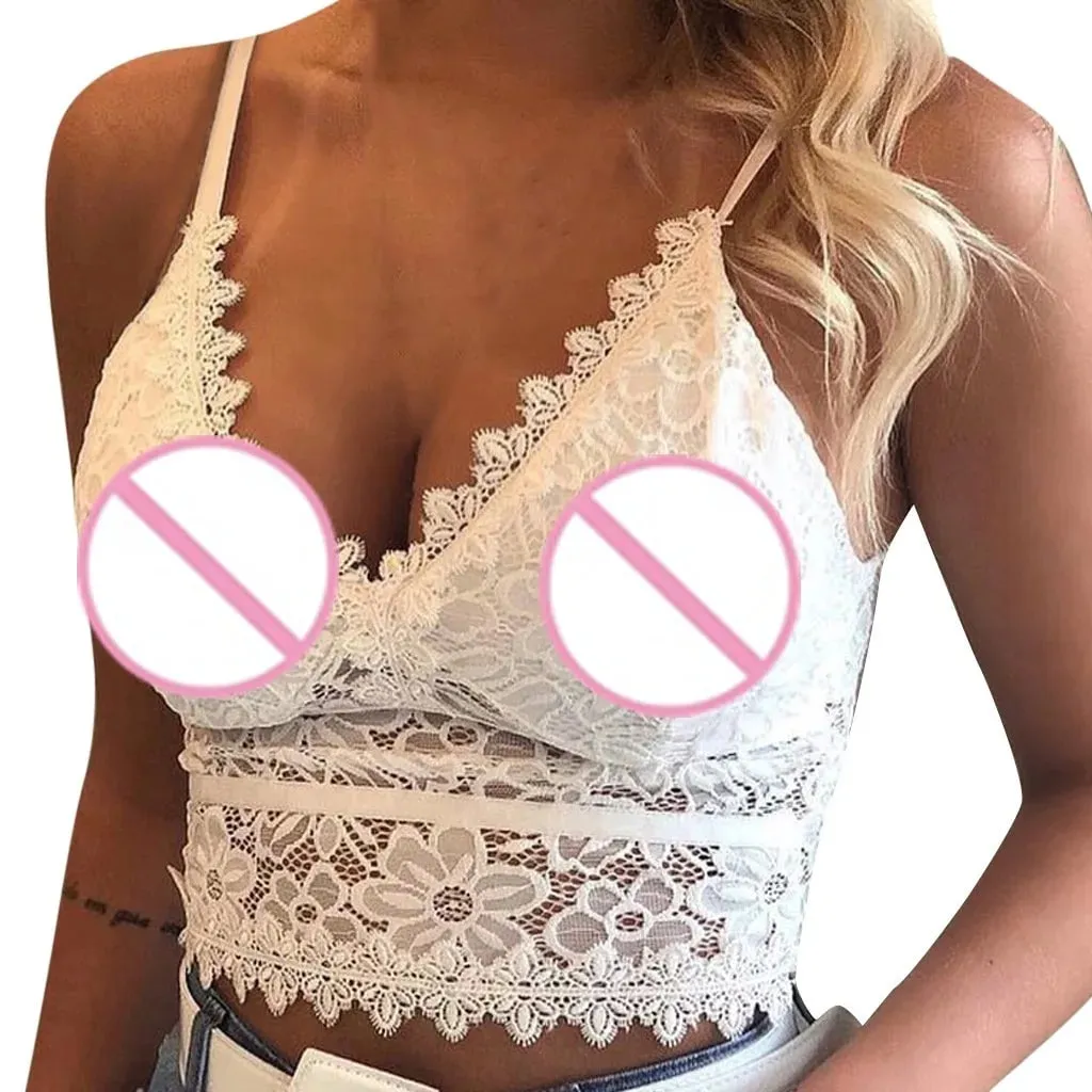 Sexy Lace Hollowing Mesh See Through Slim Backless Halter Crop Top Spaghetti Strap Sheer Embroidery Camisole Vest Corset