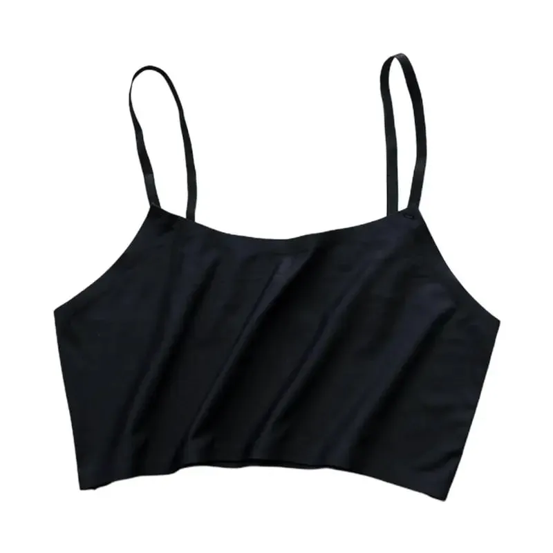Women Girls Summer Ice Silk Crop Top Spaghetti Strap Seamless Bralette Solid Color Wire Free Basic Stretch Camisole Vest