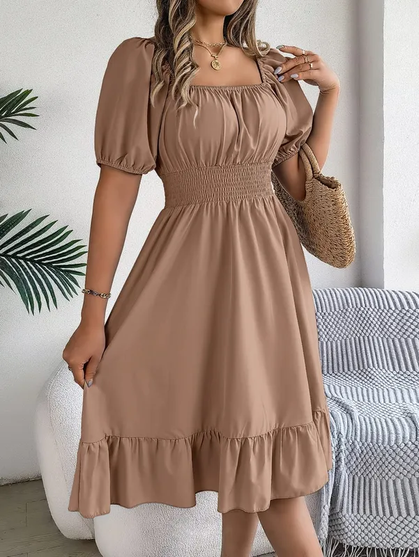 Spring Summer Elegant High Waisted Dress Square Neck Short Sleeved Ruffled Edge Long Dresses 2026 Valentine's Day Woman Clothing — image 6