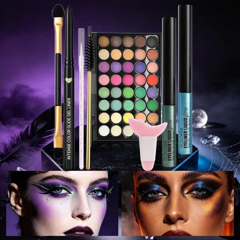 8PCS/SET Halloween Carnival Eye Makeup Bright Color Eyeshadow Palette Sparkle Liquid Eyeliner Eyebrow Pen Eye Brushes