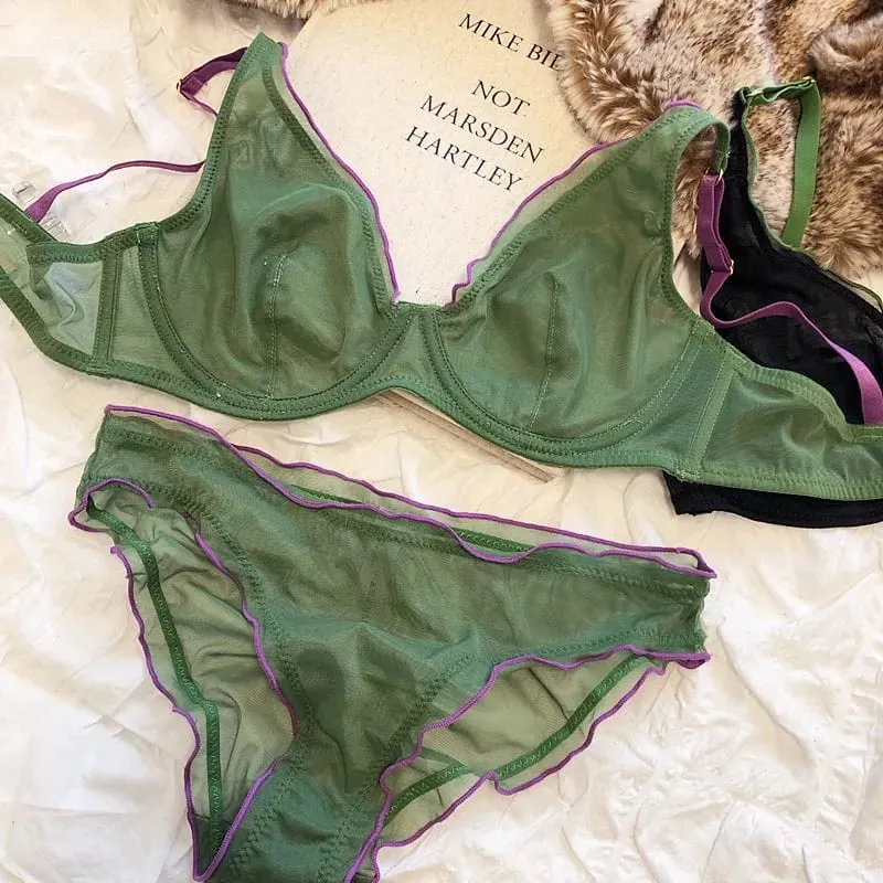 Bra Minimiser Perancis Canggih Set Lingerie Jaring Tanpa Bantalan Dukungan Underwire Cangkir Segitiga untuk Set Celana Dalam MOYISU Payudara Besar — image 2