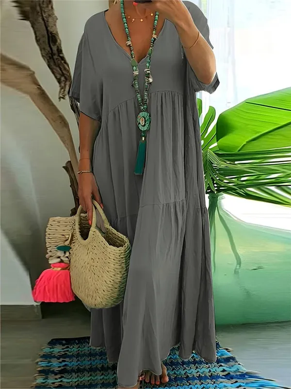 plus Size Women's Casual Loose V-Neck Solid Long Dress Spring Summer Pleated Big Size Women's Dress — image 8