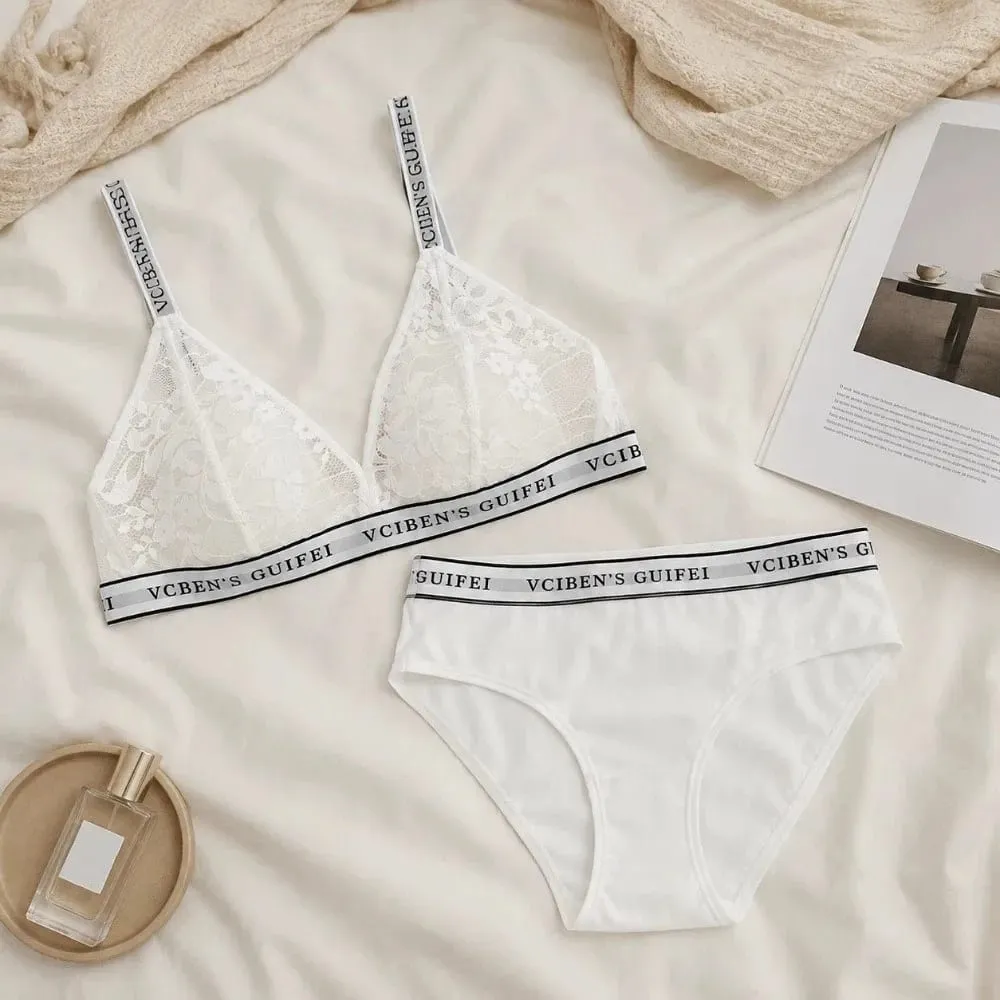 Confortável carta design lingerie conjunto profundo v sem fio roupa interior feminina terno renda cor bloqueando sutiã calcinha conjunto menina