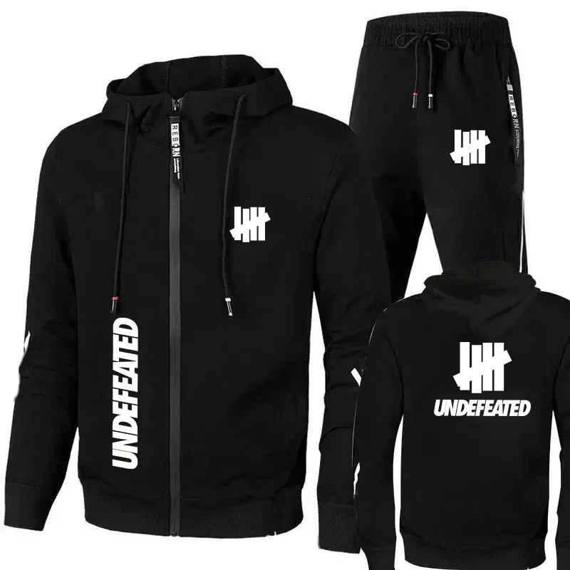 Men's 2 Piece Tracksuit Black UNDEFEATED Graphic Print Full Zip Hooded Sweatshirt and Drawstring Sweatpants Streetwear Hip Hop C