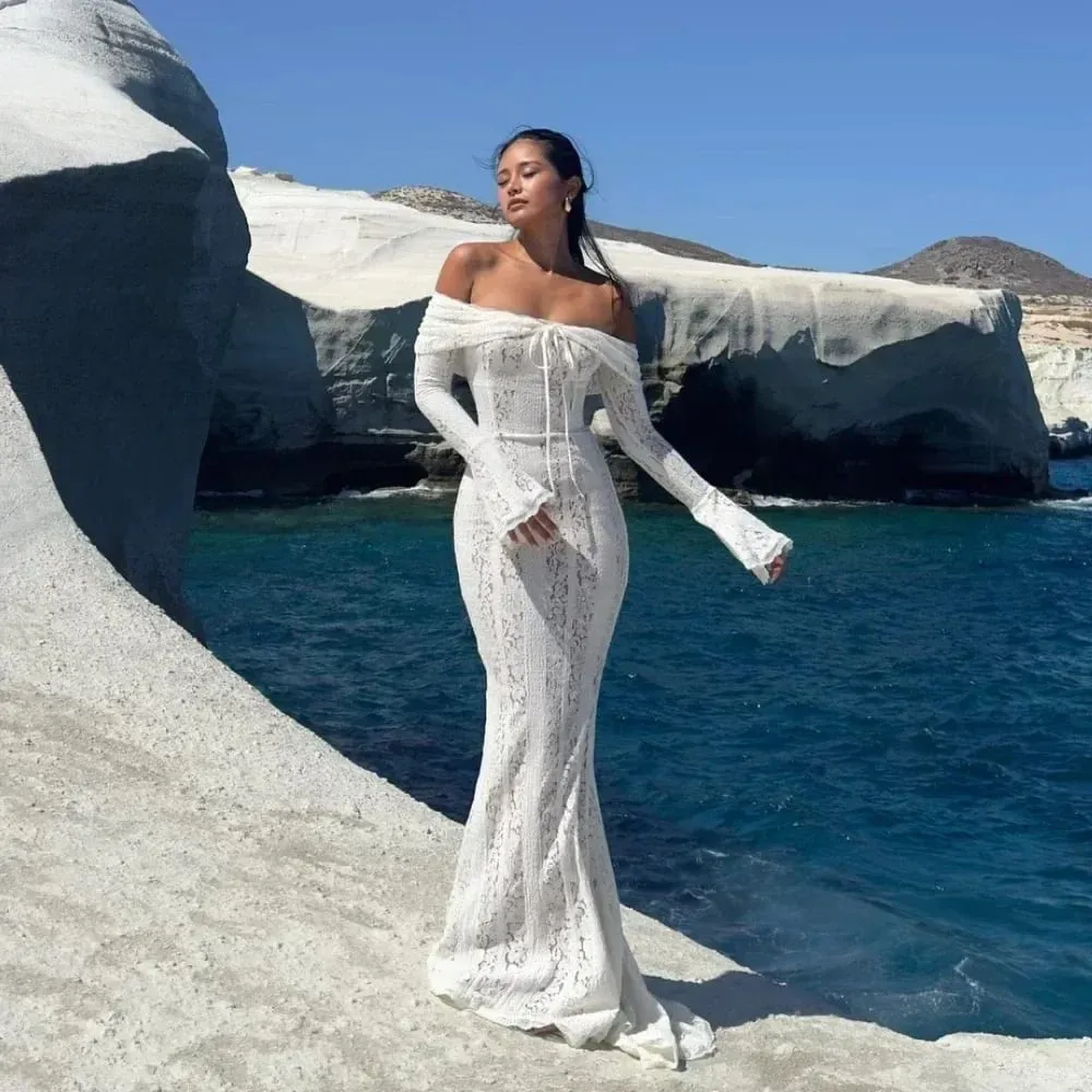 Suninheart White Evening Dresses for Events Red Long Sleeve Lace Elegant Party Dresses 2025 Women Luxury Wedding Prom Dress Gown