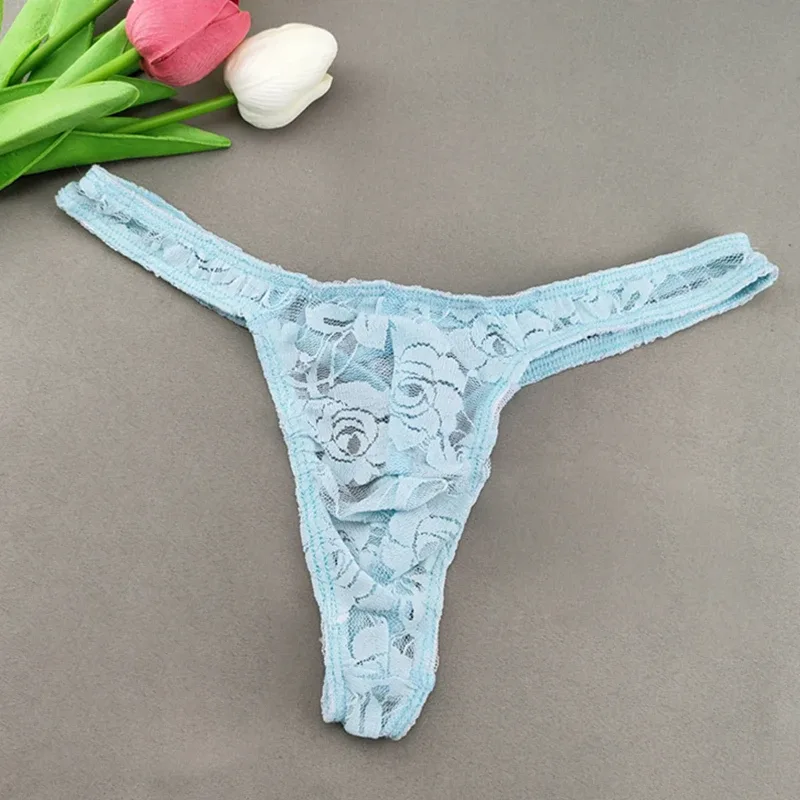 Lace Floral Sexy Men's Underwear Solid Hollow Perspective Thong Comfort Bugle Enhance Sissy G-String Gay Low Rise T-back Panties — image 2