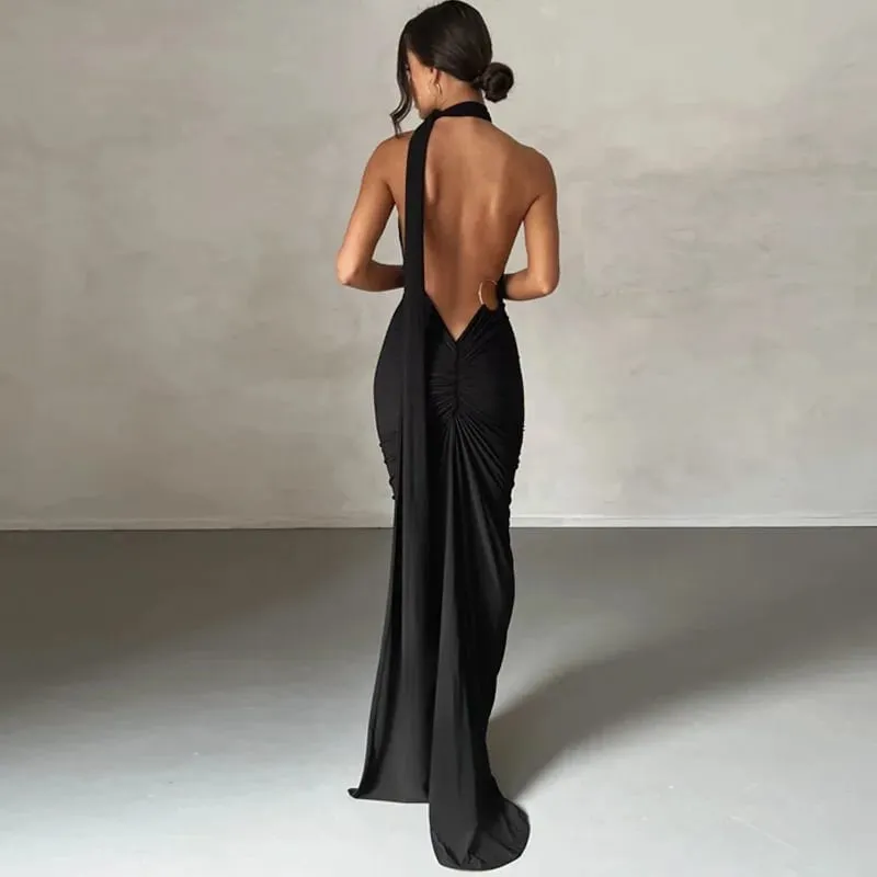 Kvinnor ärmlös maxiklänning med en axel, justerbar halsduk Loop Ruched Backless Bodycon Festival Festoutfit Elegant långklänning — image 7