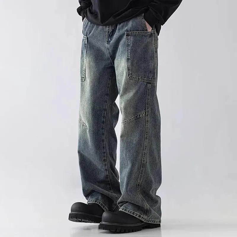 Korean Style Large Pocket Workwear Jeans Retro Blue Men'S Baggy Jeans Straight Leg Pants Casual Wide Leg Pants Casual Pants — image 1