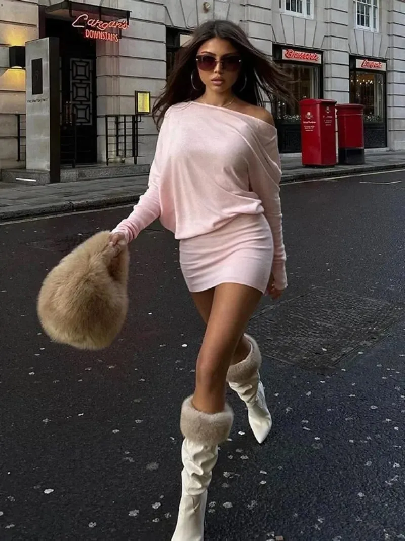 Woman Clothes Diagonal Collar Long Sleeve Package Hip Short Dress Streetwear Black Pink High Waist Tunics Slim Party Dresses — image 4
