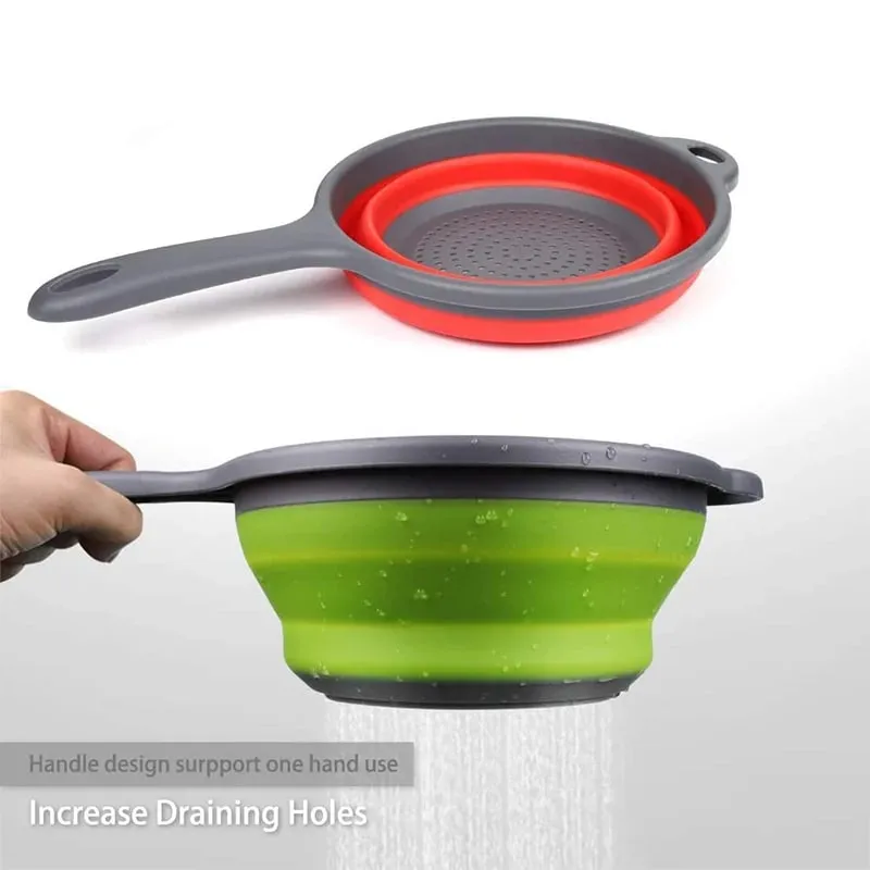 Silicone Collapsible Colander with Handle Kitchen Folding Strainer Colander for Draining Pasta Vegetable Fruit JT111
