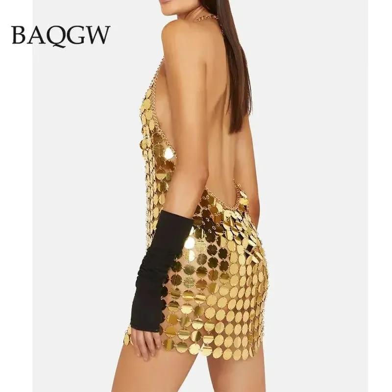 Women Fashion Sleeveless Sexy Backless Glitter Black Gold Chainmail Sequin Patchwork Mini Dresses Diana Silver Disc Dress — image 4
