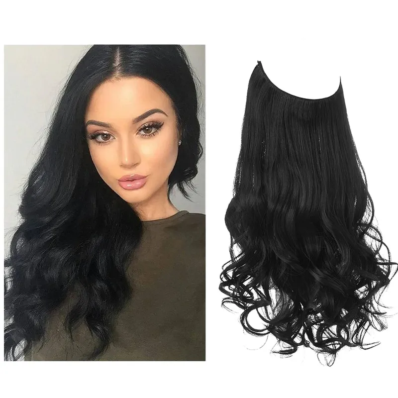 Synthetic No Clip Wave Hair Extensions Ombre Natural Blonde One Piece False Hairpiece Fish Line Fake Hair Piece