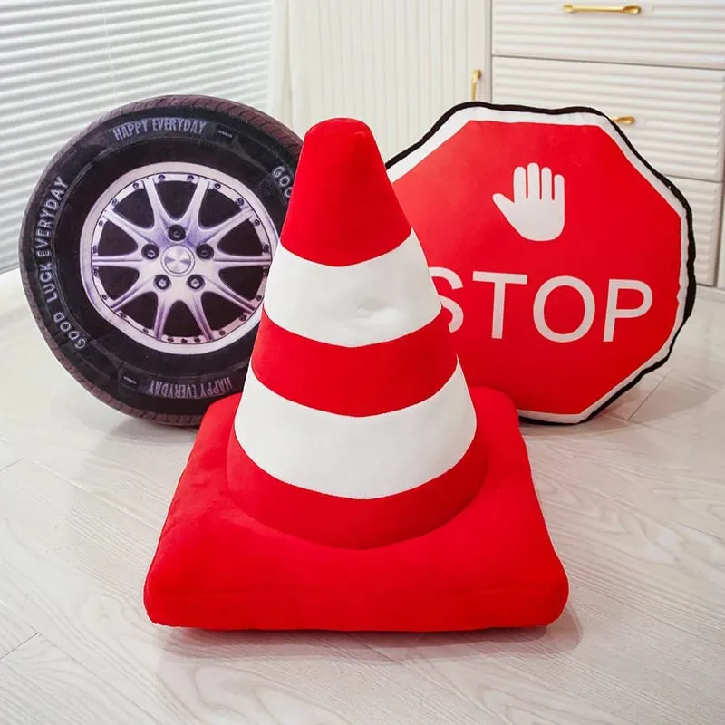 Plush Traffic Pillow Stuffed Car Tyre Roadblock Traffic Cone Signal Lamp STOP Transportation Sign Cushion Decor Plushie Men Gift