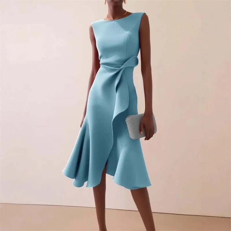 Women Sleeveless Solid Color Round Neck Midi Dress Elegant Slim Fit Formal Party Outfit Fashion 2025 New Arrival — image 1