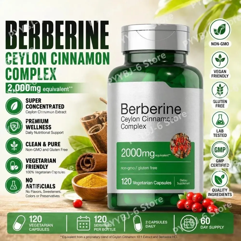 Berberine Ceylon Cinnamon Complex 2000mg Vegetarian Capsules Non-GMO Gluten Free Daily Wellness Supplement for Adults 120 Count